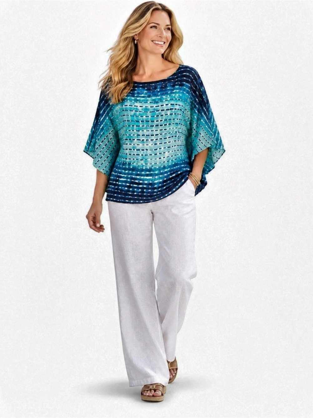 Lauren Ralph Lauren 100% Linen Poncho Blouse PS Blue Teal Ombre Dolman Resort